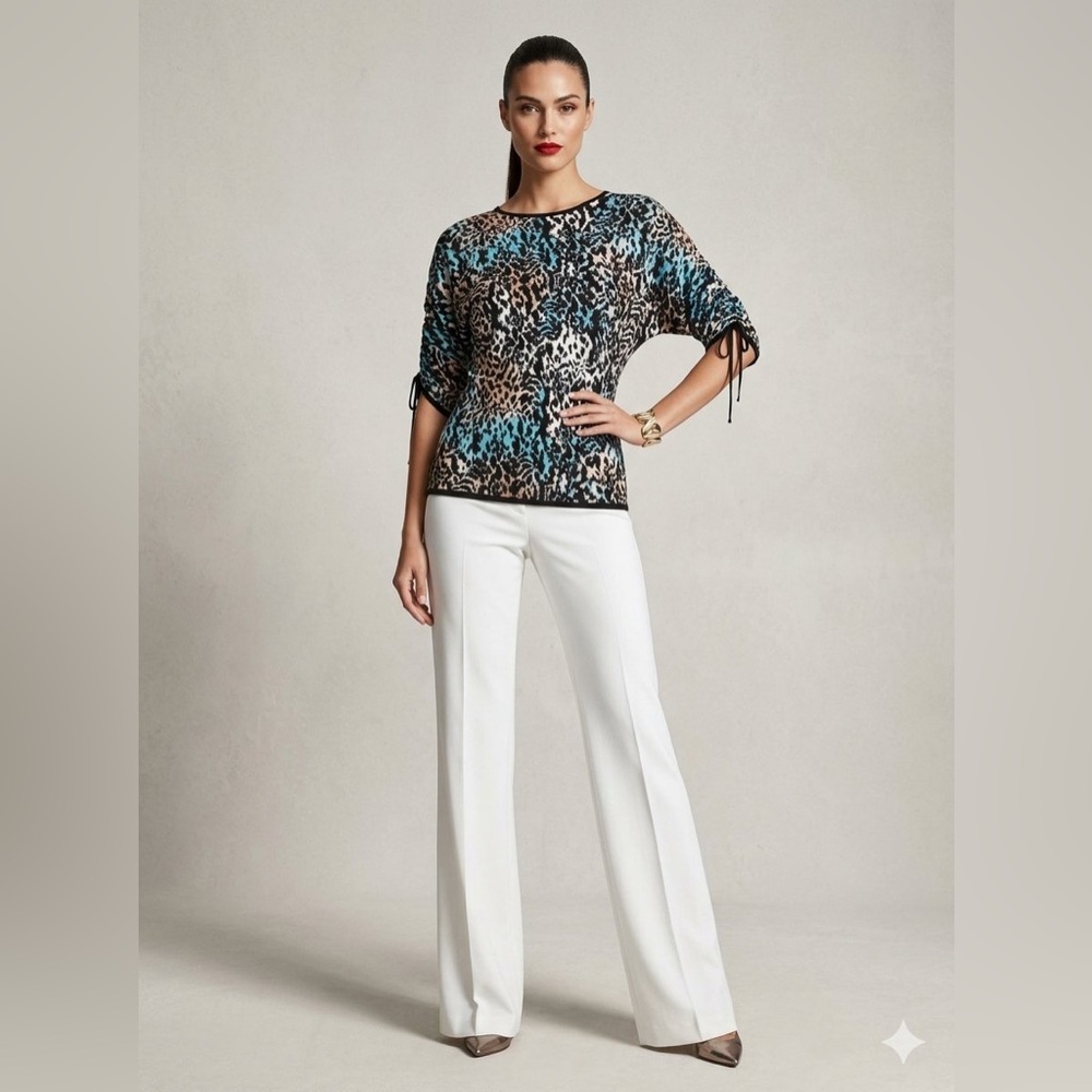 St. John Jersey animal print side-tie drawstring sleeve blouse stretch small